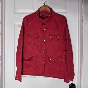 J. Crew Relaxed Boyfriend Field Jacket Red Cotton Gold Button Utility XL